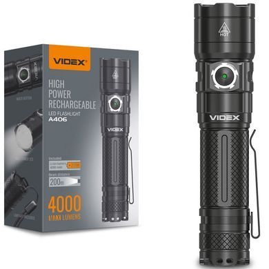 Портативний світлодіодний ліхтарик ручний VIDEX A406 | 4000Lm/6500K | + акумулятор 21700