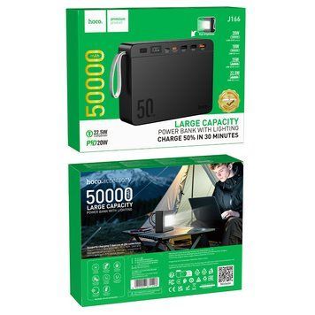 Павербанк 50000mAh зі швидкою зарядкою 22.5W та ліхтарем HOCO J166 3USB, 2Type-C Чорний
