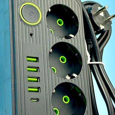 Подовжувач мережевий переноска 4 метри на 3 розетки + 4USB+1Type-C UA Power F09U Чорний 45294