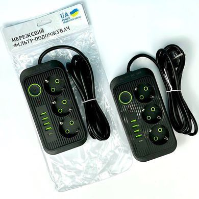 Подовжувач мережевий переноска 4 метри на 3 розетки + 4USB+1Type-C UA Power F09U Чорний 45294