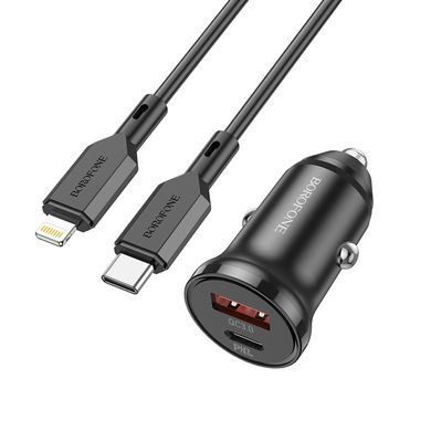 Автомобільний зарядний пристрій із швидкою зарядкою + кабель Lightning BOROFONE BZ18A USB/Type-C, QC3.0/PD20W Білий