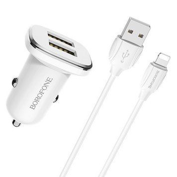 Автомобільний зарядний пристрій + кабель Lightning BOROFONE BZ12 2USB Білий