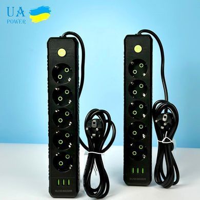 Подовжувач мережевий переноска 6м на 5 розеток + 3USB UA Power F45U Чорний 48633