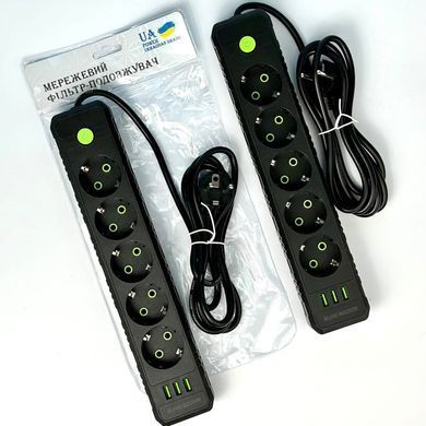Подовжувач мережевий переноска 6м на 5 розеток + 3USB UA Power F45U Чорний 48633