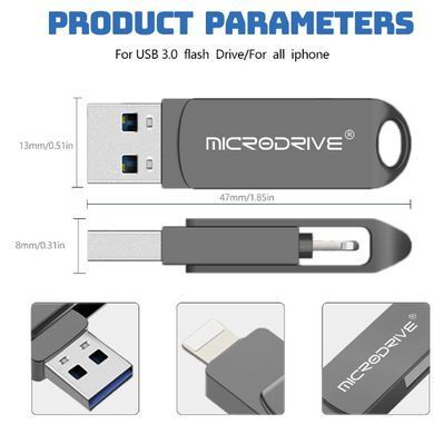 Флешка металева 2в1 256ГБ USB-Lightning для Apple iPhone, iPad, комп'ютера Microdrive A2 256GB Чорний