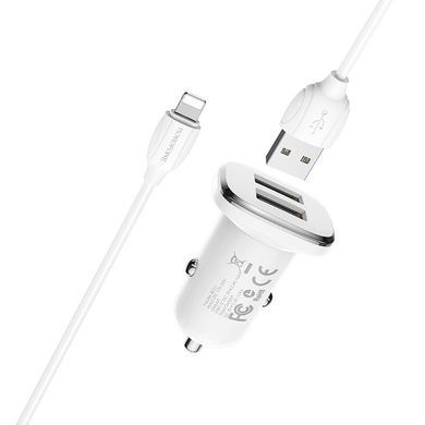 Автомобільний зарядний пристрій + кабель Lightning BOROFONE BZ12 2USB Білий