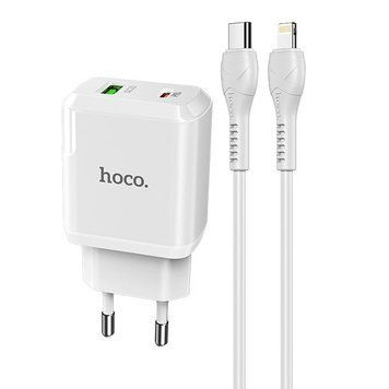 Зарядний пристрій з швидкою зарядкою + кабель Lightning HOCO N5 |USB+Type-C,20W/3A,QC3.0/PD| Білий