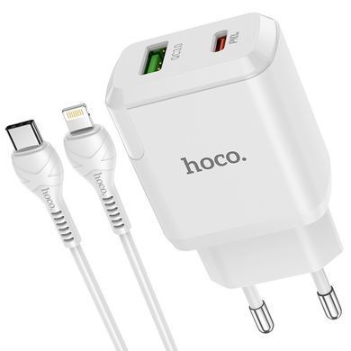Зарядний пристрій з швидкою зарядкою + кабель Lightning HOCO N5 |USB+Type-C,20W/3A,QC3.0/PD| Білий