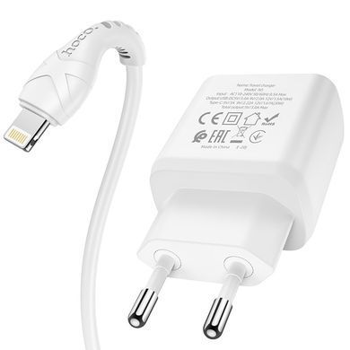 Зарядний пристрій з швидкою зарядкою + кабель Lightning HOCO N5 |USB+Type-C,20W/3A,QC3.0/PD| Білий