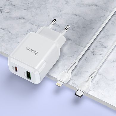 Зарядний пристрій з швидкою зарядкою + кабель Lightning HOCO N5 |USB+Type-C,20W/3A,QC3.0/PD| Білий