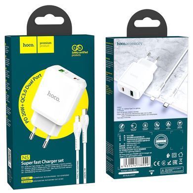 Зарядний пристрій з швидкою зарядкою + кабель Lightning HOCO N5 |USB+Type-C,20W/3A,QC3.0/PD| Білий