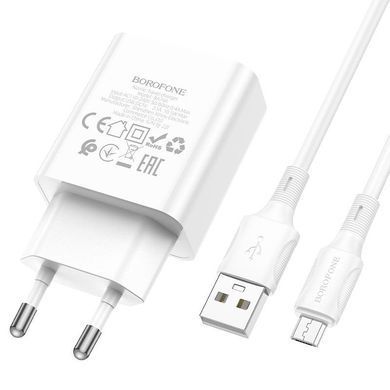 Зарядний пристрій + кабель MicroUSB BOROFONE BA74A |2USB, 2.1A| Білий