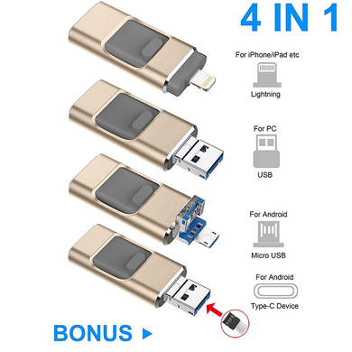 USB Флешка 4в1 512GB Type-C/Micro/Lightning/USB для телефону, комп'ютера iPhone/Android Чорний