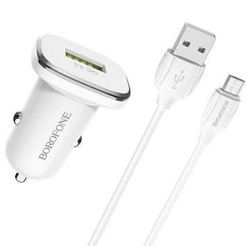 Автомобільний зарядний пристрій з швидкою зарядкою + кабель Micro-USB BOROFONE BZ12A 1USB, QC3.0 18W Білий