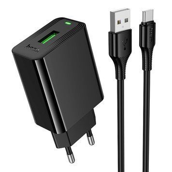 Зарядний пристрій зі швидкою зарядкою QC3.0 та кабелем USB to Type-C HOCO CS92A 1USB Чорний