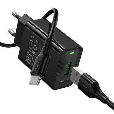 Зарядний пристрій зі швидкою зарядкою QC3.0 та кабелем USB to Type-C HOCO CS92A 1USB Чорний