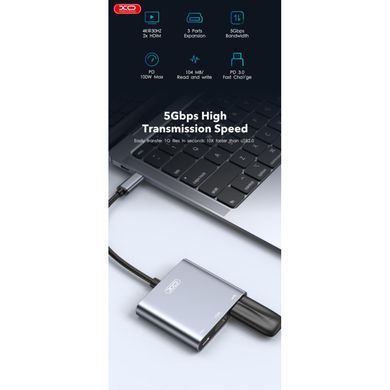 USB-hub хаб адаптер перехідник 3-в-1 XO HUB011 3in1 Type-C |Type-C to HDMI+PD+USB 3.0| Сірий