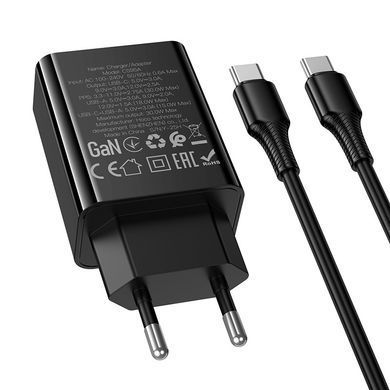 Зарядний пристрій зі швидкою зарядкою 30W та кабелем Type-C to Type-C HOCO CS95A 1USB, 1Type-C Чорний