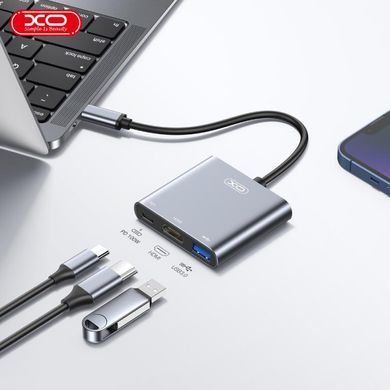 USB-hub хаб адаптер перехідник 3-в-1 XO HUB011 3in1 Type-C |Type-C to HDMI+PD+USB 3.0| Сірий