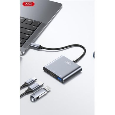 USB-hub хаб адаптер перехідник 3-в-1 XO HUB011 3in1 Type-C |Type-C to HDMI+PD+USB 3.0| Сірий