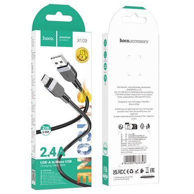 Кабель для зарядки 2м MicroUSB Android HOCO X109 Energy 2.4A Чорний