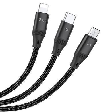 Кабель 3в1 для телефону Lightning (2.4A) / Micro-USB (2.0A) / Type-C (6A) 3-in-1 HOCO Combo U104 1.2м Чорний