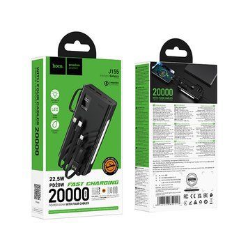 Павербанк зі швидкою зарядкою 22.5W та кабелями Lightning, Type-C, Micro-USB, USB 20000mAh та ліхтариком HOCO J155 Чорний