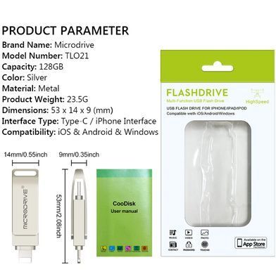 Флешка металева 2в1 256ГБ USB-Lightning для Apple iPhone, iPad, комп'ютера, Android Microdrive A3 256GB OTG Срібний