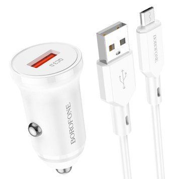 Автомобільний зарядний пристрій із швидкою зарядкою + кабель Micro-USB BOROFONE BZ18 USB, QC3.0 18W Білий