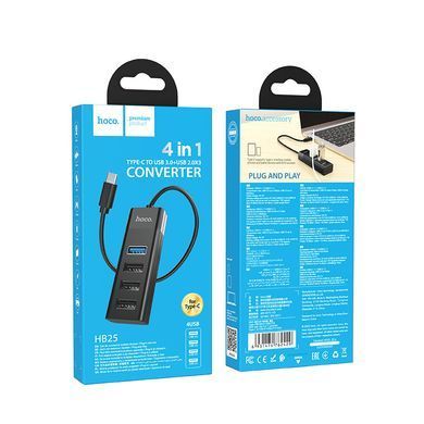 USB-hub хаб 4-в-1 підтримка накопичувача до 1Tb HOCO HB25 Easy mix |Type-C to USB 3.0*1+USB 2.0*3| Чорний