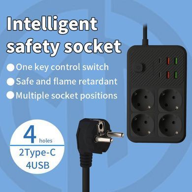 Подовжувач мережевий фільтр 5 м на 4 розетки + 4USB + 2Type-C F182PD Чорний