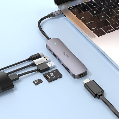 USB-hub хаб адаптер перехідник 6-в-1 HOCO HB28 Type-C to HDMI+PD+USB3.0+USB2.0+SD+TF Сірий