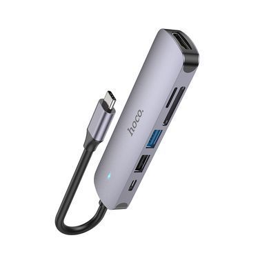 USB-hub хаб адаптер перехідник 6-в-1 HOCO HB28 Type-C to HDMI+PD+USB3.0+USB2.0+SD+TF Сірий