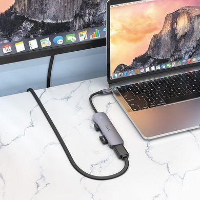 USB-hub хаб адаптер перехідник 6-в-1 HOCO HB28 Type-C to HDMI+PD+USB3.0+USB2.0+SD+TF Сірий