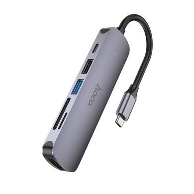 USB-hub хаб адаптер перехідник 6-в-1 HOCO HB28 Type-C to HDMI+PD+USB3.0+USB2.0+SD+TF Сірий