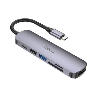 USB-hub хаб адаптер перехідник 6-в-1 HOCO HB28 Type-C to HDMI+PD+USB3.0+USB2.0+SD+TF Сірий