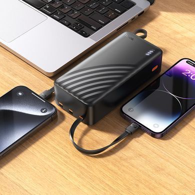 Павербанк 30000mAh з вбудованими кабелями Lightning, Type-C, Micro-USB, USB HOCO J146B 1USB Чорний