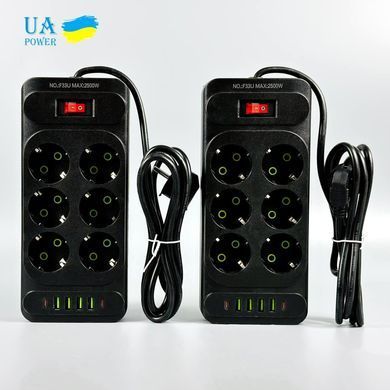 Подовжувач мережевий переноска 4м на 6 розеток + 4USB + 2Type-C UA Power F33U Чорний 63261