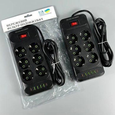 Подовжувач мережевий переноска 4м на 6 розеток + 4USB + 2Type-C UA Power F33U Чорний 63261