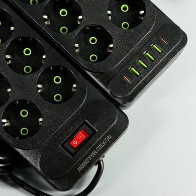 Подовжувач мережевий переноска 4м на 6 розеток + 4USB + 2Type-C UA Power F33U Чорний 63261