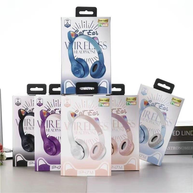 Бездротові Навушники з котячими Вушками з підсвічуванням + підтримка MicroSD Cat Ear P47M Сіро-рожевий