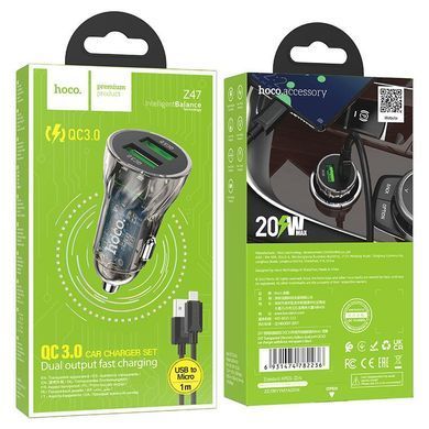 Автомобільний зарядний пристрій із швидкою зарядкою QC3.0 + кабель Micro-USB HOCO Z47 2USB, 20W Чорний