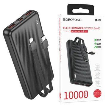 Павербанк зі швидкою зарядкою 22.5W та вбудованими кабелями Type-C/Lightning BOROFONE BJ57 |2USB/1Type-C, 10000mAh| Чорний