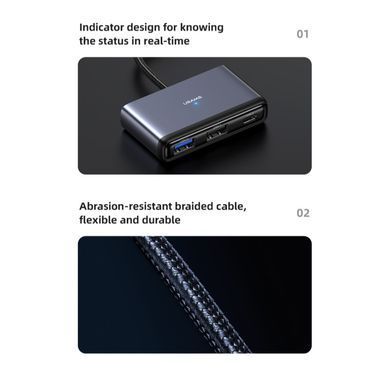 HUB адаптер Usams US-SJ627 4-в-1|Type-C to USB3.0*1 + USB2.0*2 + PD 60 Вт| 10см| Сірий