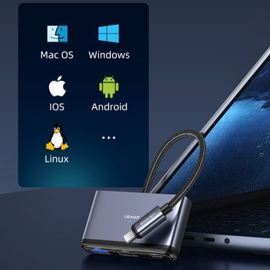 HUB адаптер Usams US-SJ627 4-в-1|Type-C to USB3.0*1 + USB2.0*2 + PD 60 Вт| 10см| Сірий