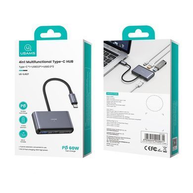 HUB адаптер Usams US-SJ627 4-в-1|Type-C to USB3.0*1 + USB2.0*2 + PD 60 Вт| 10см| Сірий