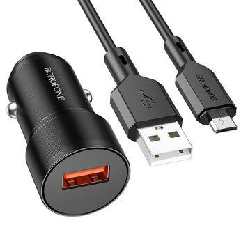 Автомобільний зарядний пристрій із швидкою зарядкою QC3.0 + кабель Micro-USB BOROFONE BZ19A USB/18W Чорний
