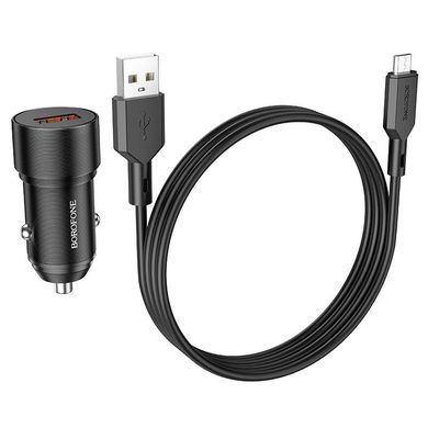 Автомобільний зарядний пристрій із швидкою зарядкою QC3.0 + кабель Micro-USB BOROFONE BZ19A USB/18W Чорний