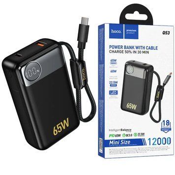 Павербанк зі швидкою зарядкою 65W та вбудованим кабелем Type-C 12000mAh HOCO Q53 1USB 1Type-C Чорний