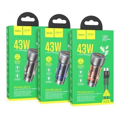 Автомобільний зарядний пристрій з швидкою зарядкою + кабель Lightning HOCO NZ8 USB/Type-C PD30W+QC3.0 Синій